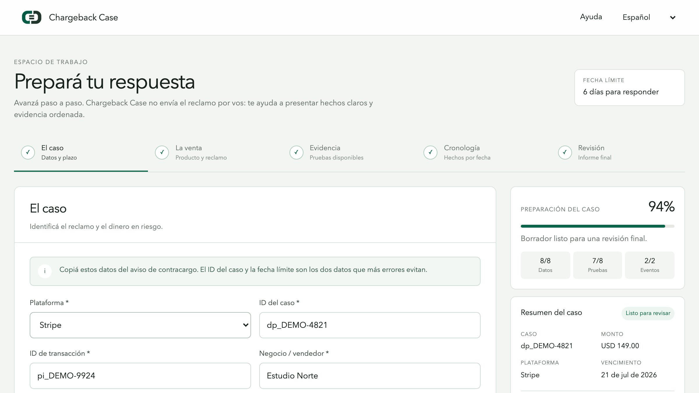 Espacio de trabajo de Chargeback Case con caso, evidencia y nivel de preparación